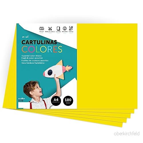 Färgkartong, A4 Intensiva färger, 180gr färgblad för hantverk, skriva ut dina kreativa dokument och mönster, Folios färger · m office (500 ark, stark gul) 8447031011858