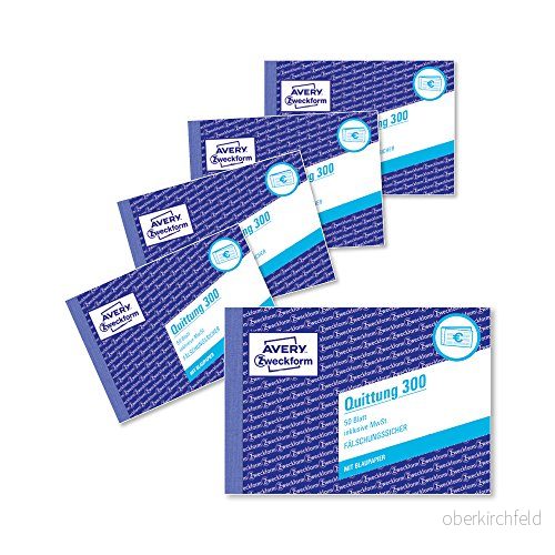 AVERY Zweckform 3005 kvittoblock (A6 tvärgående, 50 ark, 1 ark blåpapper, förfalskningssäkert dokumenttryck, för belopp under 250 inkl. Moms, DE/AT) 5 pack, vit 4004182205440