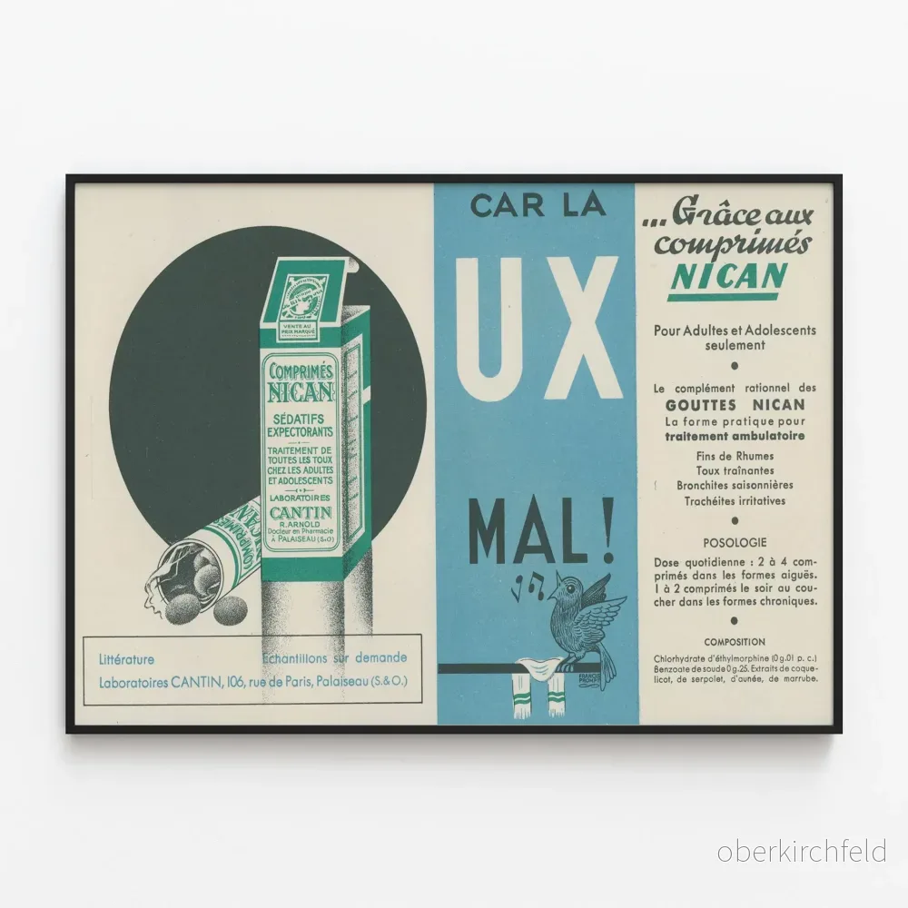 Vintage reklamposter för Nican-tabletter mot hosta