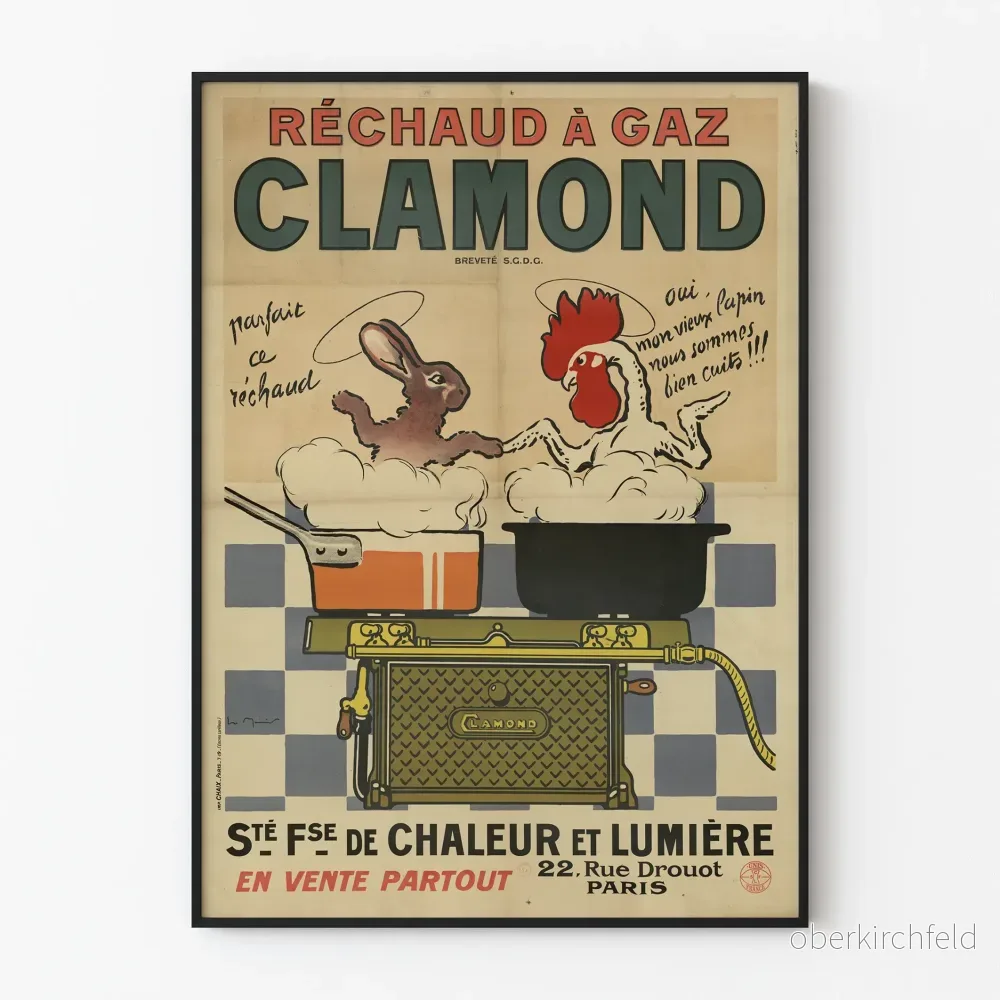 Vintageposter för Clamond gasolkök från Franska Sällskapet för Värme och Ljus