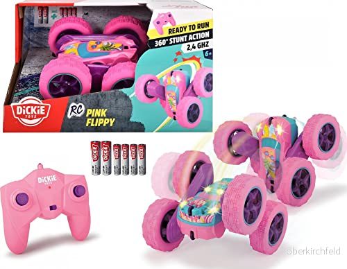 Dickie Toys Pink Drivez RC Candy Flippy, fjärrstyrd leksaksbil, rotations och flip funktion, med fjärrkontroll, upp till 8 km/h, för pojkar flickor, upplyst, från 6 år, 28 cm, rosa/turkos 4006333069871