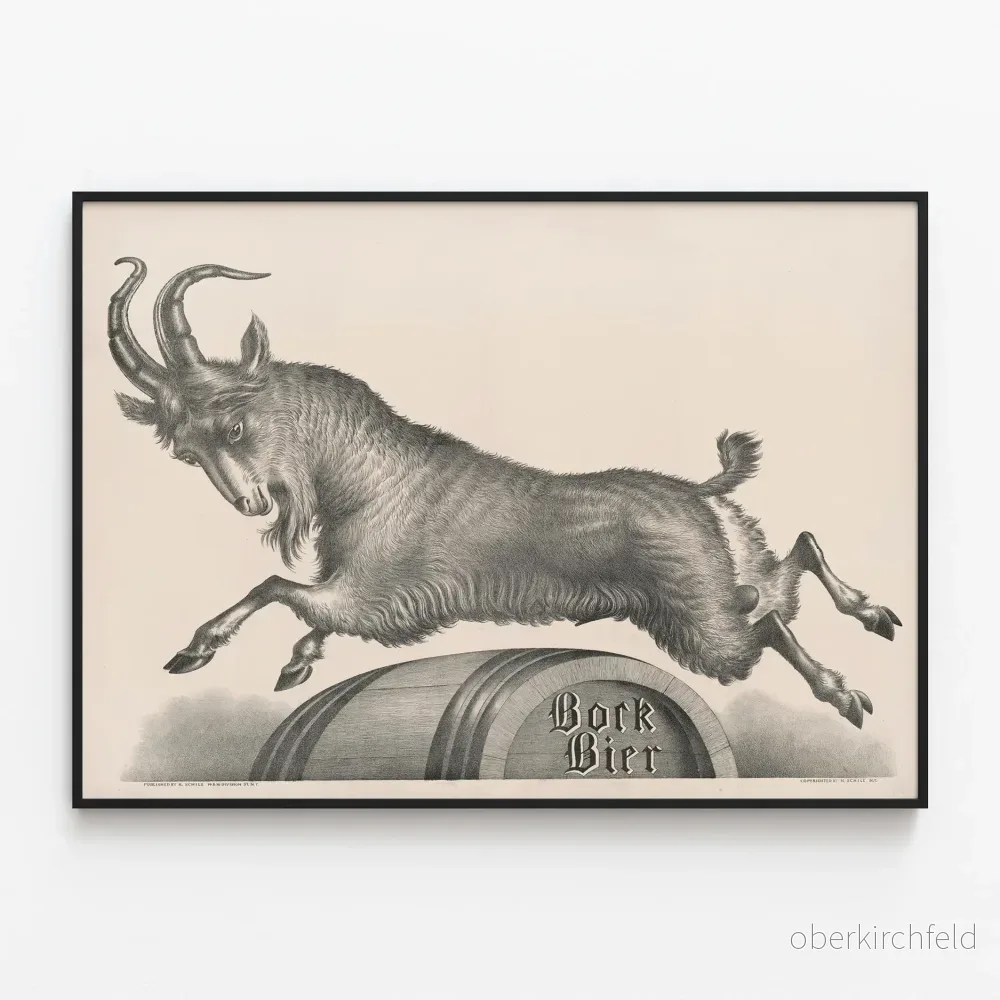 Vintageposter Bock Bier Getabock som hoppar på tunna