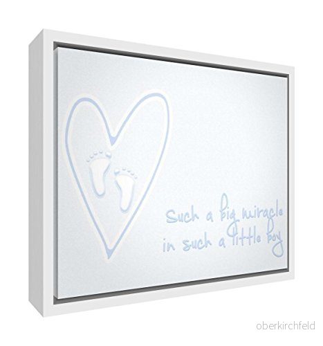 Feel Good Art eko tryckt och inramad barnkammare kanvas, massiv vit träram (34 x 24 3 cm, liten, mjuk blå, Miracle Boy) 5056094980815